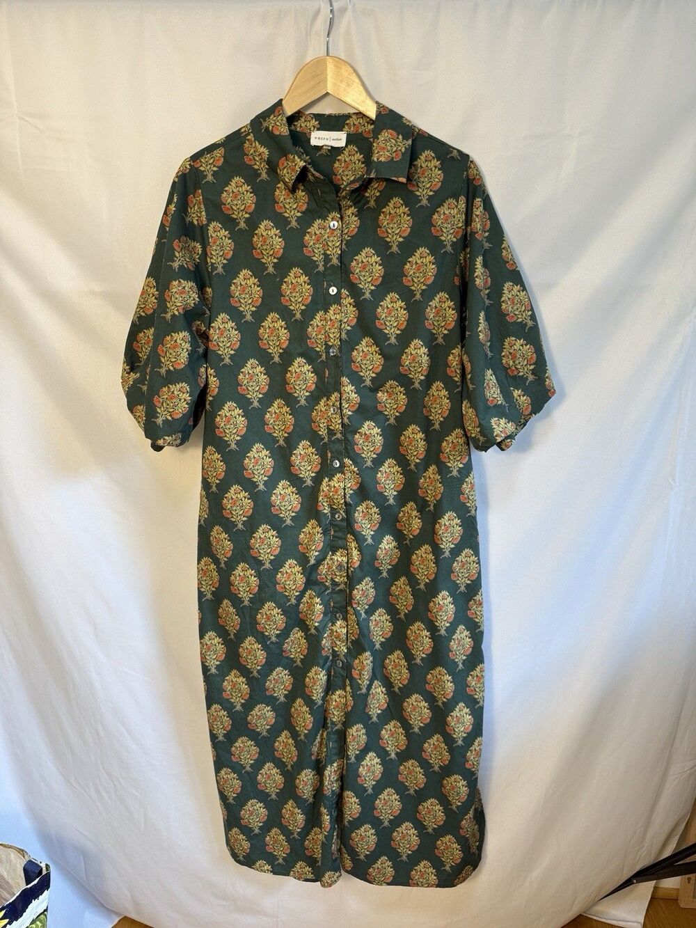 Entro Women Maxi Floral Dress M Print Short Sleeve Shirt Dress Collared Anthro - Picture 3 of 11